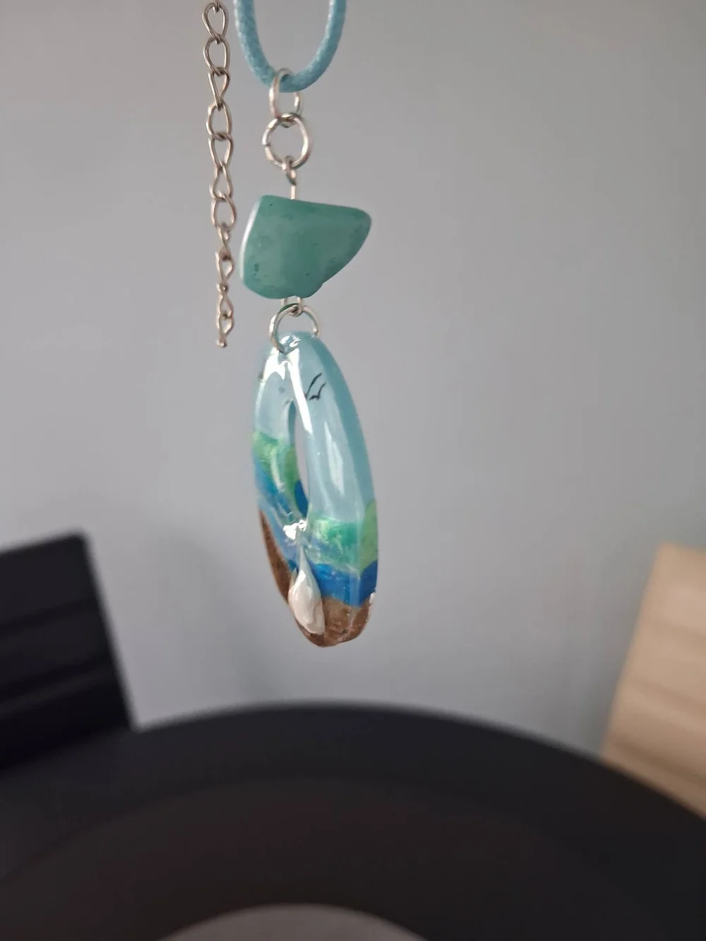 Sea Breeze Blue Resin Pendant Necklace with Shell Accents